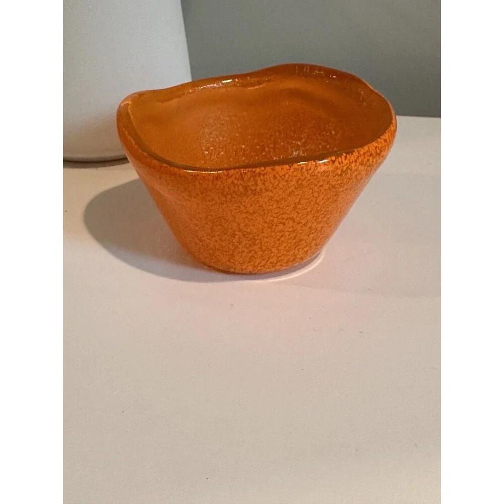 Mid Century Murano Style Orange Mottled Glass Mini Bowl Wavy Edge 3.5”